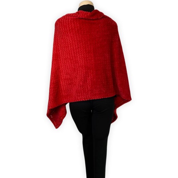 Red Knitted Versatile Shawl V-Neck Poncho Button Sweater Cape - Picture 5 of 7